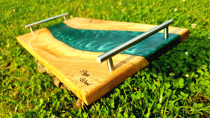 Handmade Serving Board with Oak Wood and Pearl Green Epoxy Resin