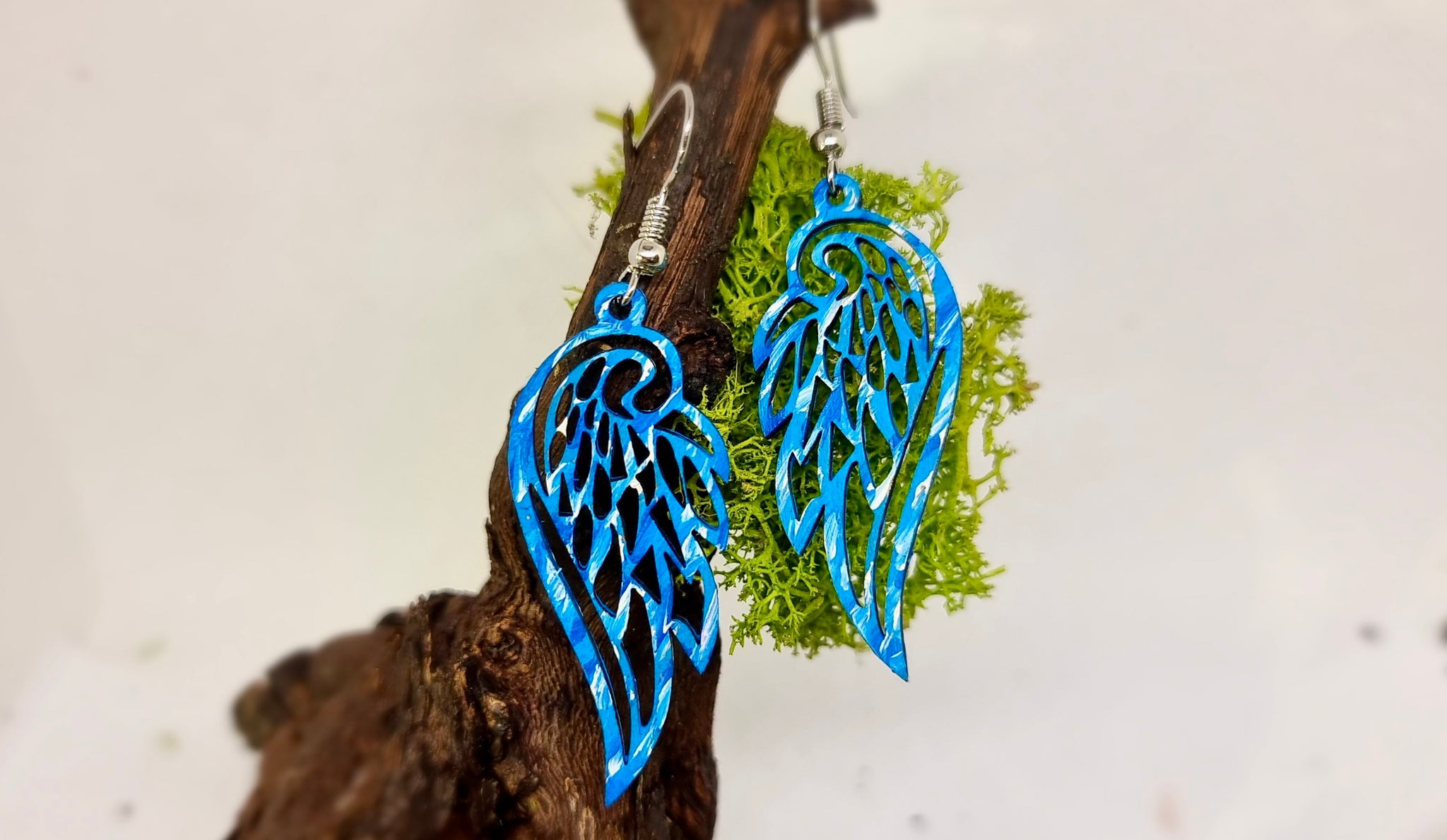 Handmade Dangling Earrings Blue Angel Wings  (Hand painted)