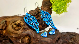 Handmade Dangling Earrings Blue Angel Wings  (Hand painted)