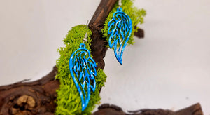 Handmade Dangling Earrings Blue Angel Wings  (Hand painted)