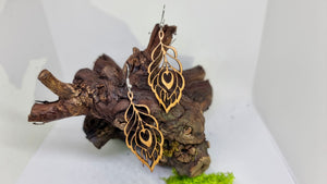 Handmade Wooden Dangling Earrings in the shape of a Peacock Feather