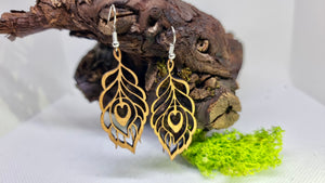 Handmade Wooden Dangling Earrings in the shape of a Peacock Feather