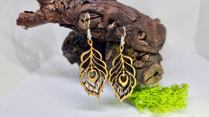 Handmade Wooden Dangling Earrings in the shape of a Peacock Feather