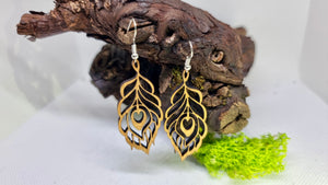 Handmade Wooden Dangling Earrings in the shape of a Peacock Feather