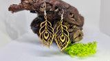 Handmade Wooden Dangling Earrings in the shape of a Peacock Feather