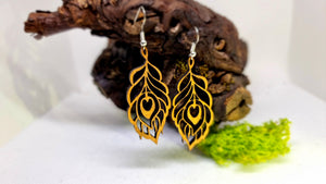 Handmade Wooden Dangling Earrings in the shape of a Peacock Feather