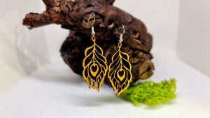 Handmade Wooden Dangling Earrings in the shape of a Peacock Feather