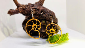 Handmade Wooden Dangling Earrings in the shape of a Snail Houses