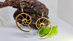 Handmade Wooden Dangling Earrings in the shape of a Snail Houses