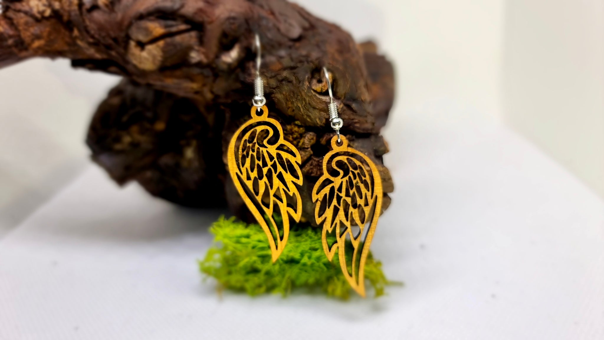 Handmade Cherry Wood Angel Wing Dangling Earrings