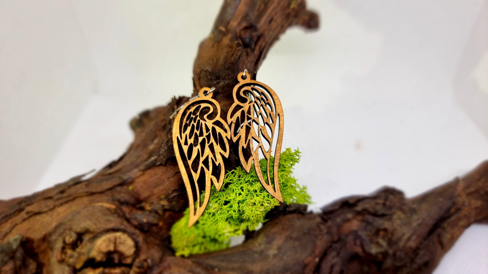 Handmade Cherry Wood Angel Wing Dangling Earrings