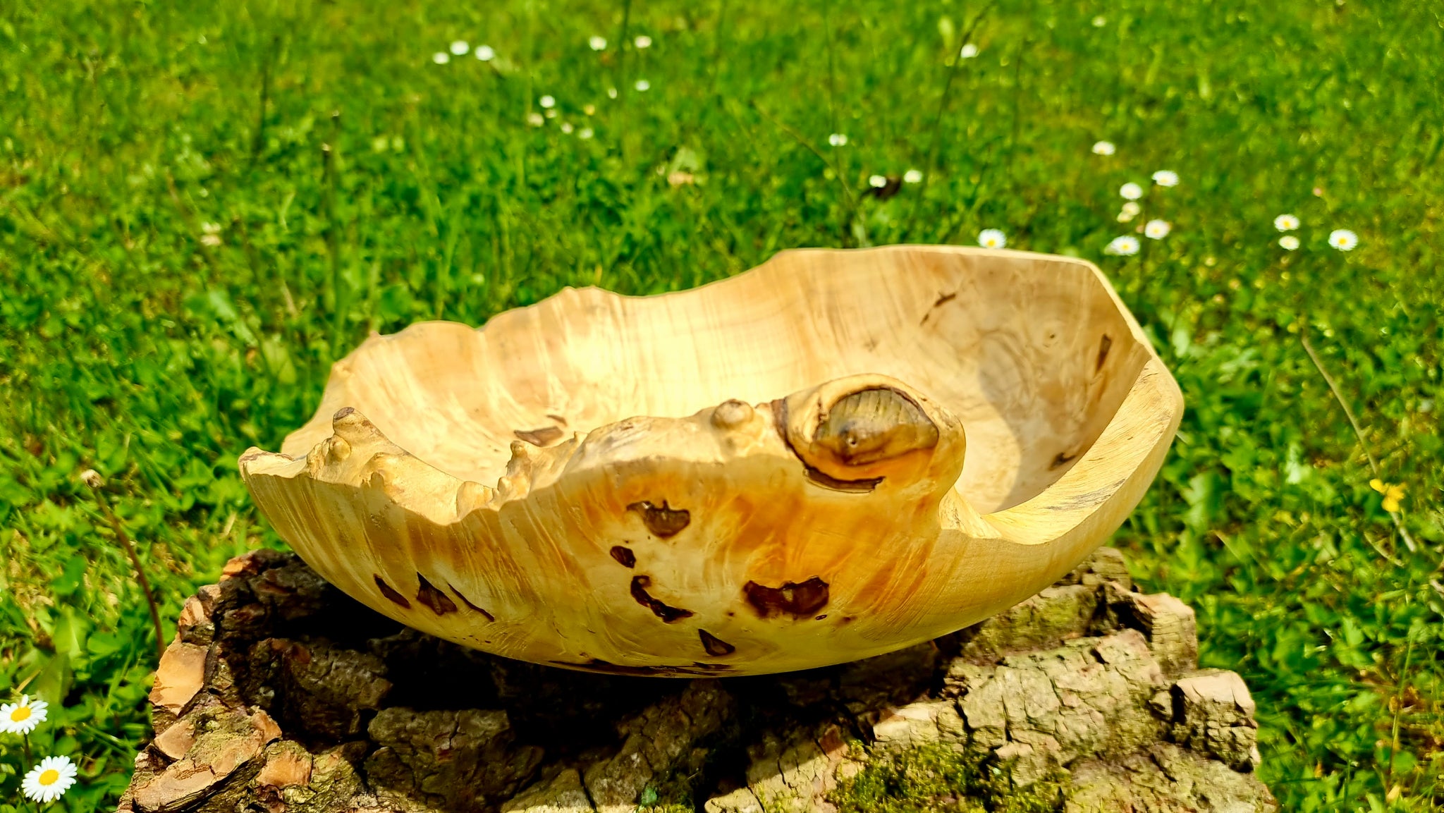 Handgefertigte Schale mit Naturrand aus Lindenmaser