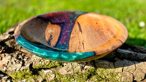 Handcrafted Walnut Wood River Bowl with Green and Purple Pearl Epoxy Resin – Perfect Kitchen Decor