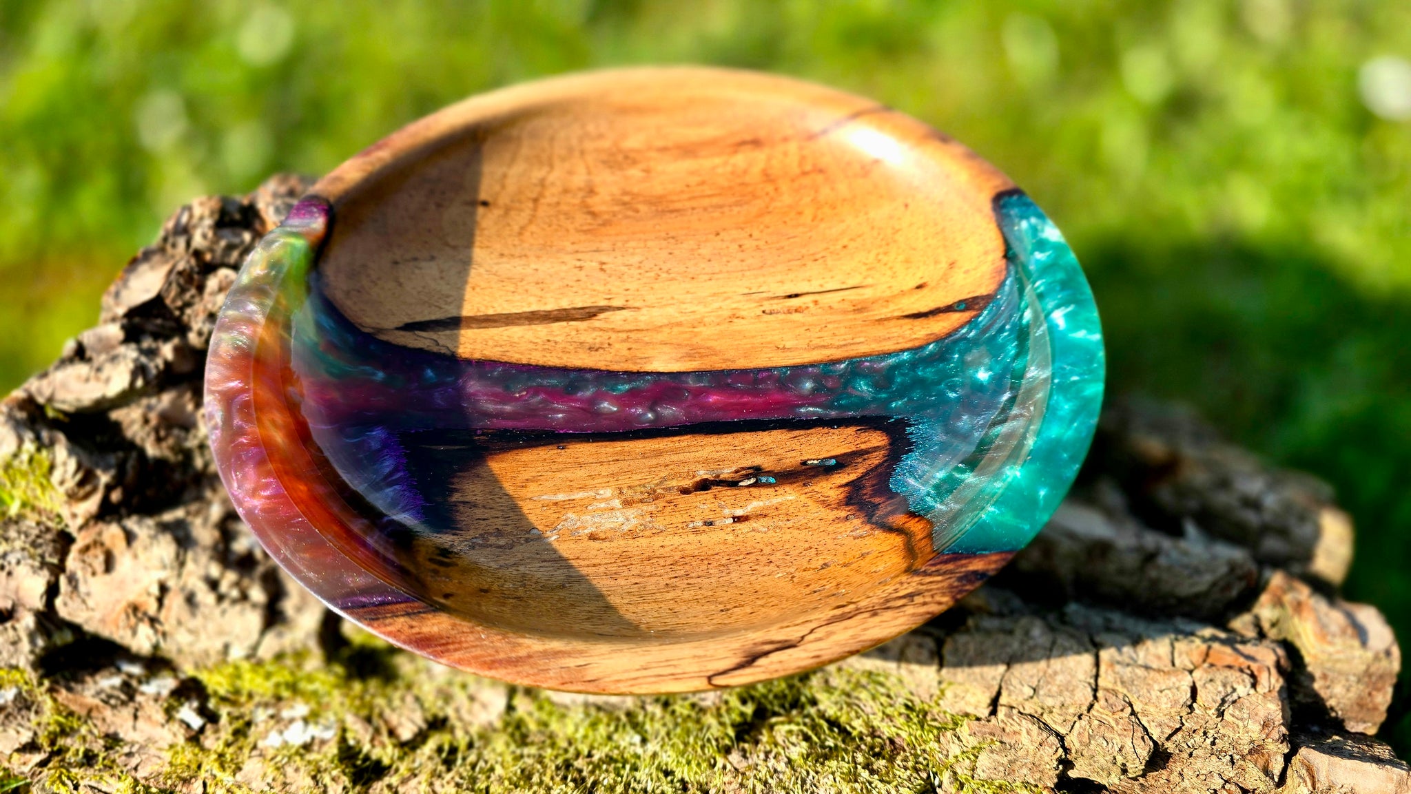 Handcrafted Walnut Wood River Bowl with Green and Purple Pearl Epoxy Resin – Perfect Kitchen Decor