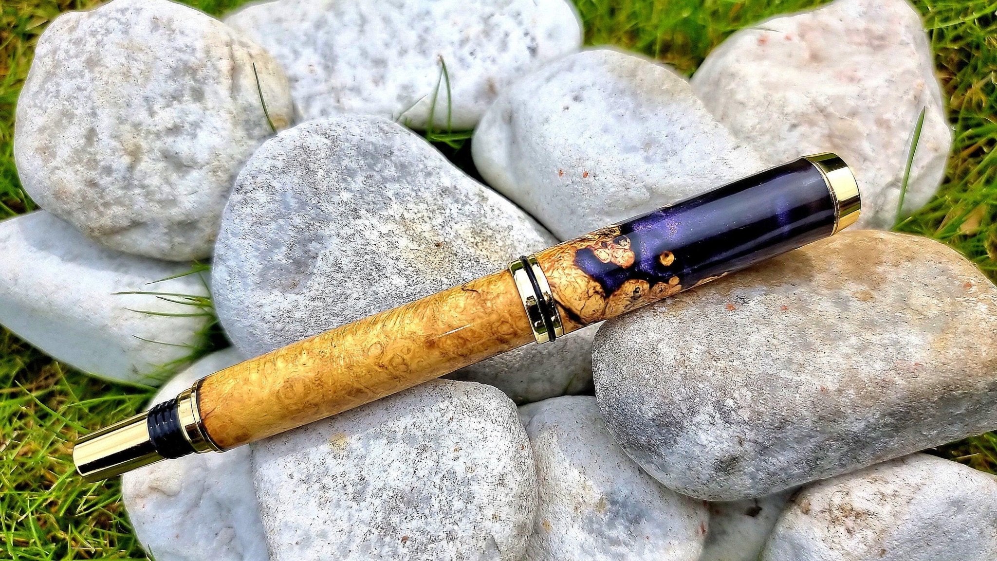 Handcrafted Fountain Pen with Epoxy Resin and Acacia Burl Wood | Unique Wooden Writing Pen - PipejaWood