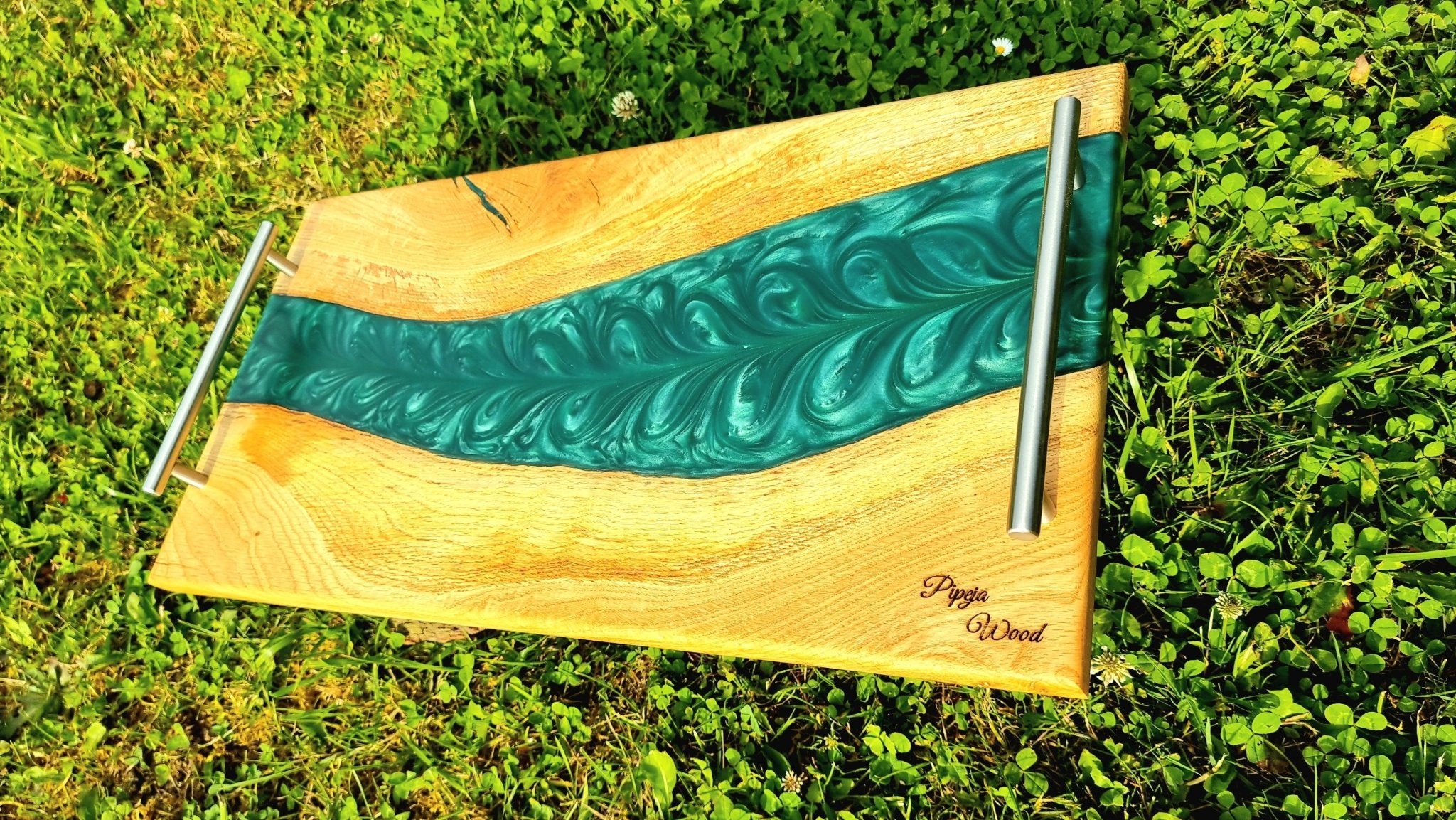 Handmade Oak Wood Serving Board with Pearl Green Epoxy Resin – 52cm x 28cm | Cheese, Charcuterie, and Appetizer Board - PipejaWood