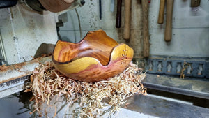 Handmade Plum Wood Bowl with Live Edge and Copper Wire - PipejaWood