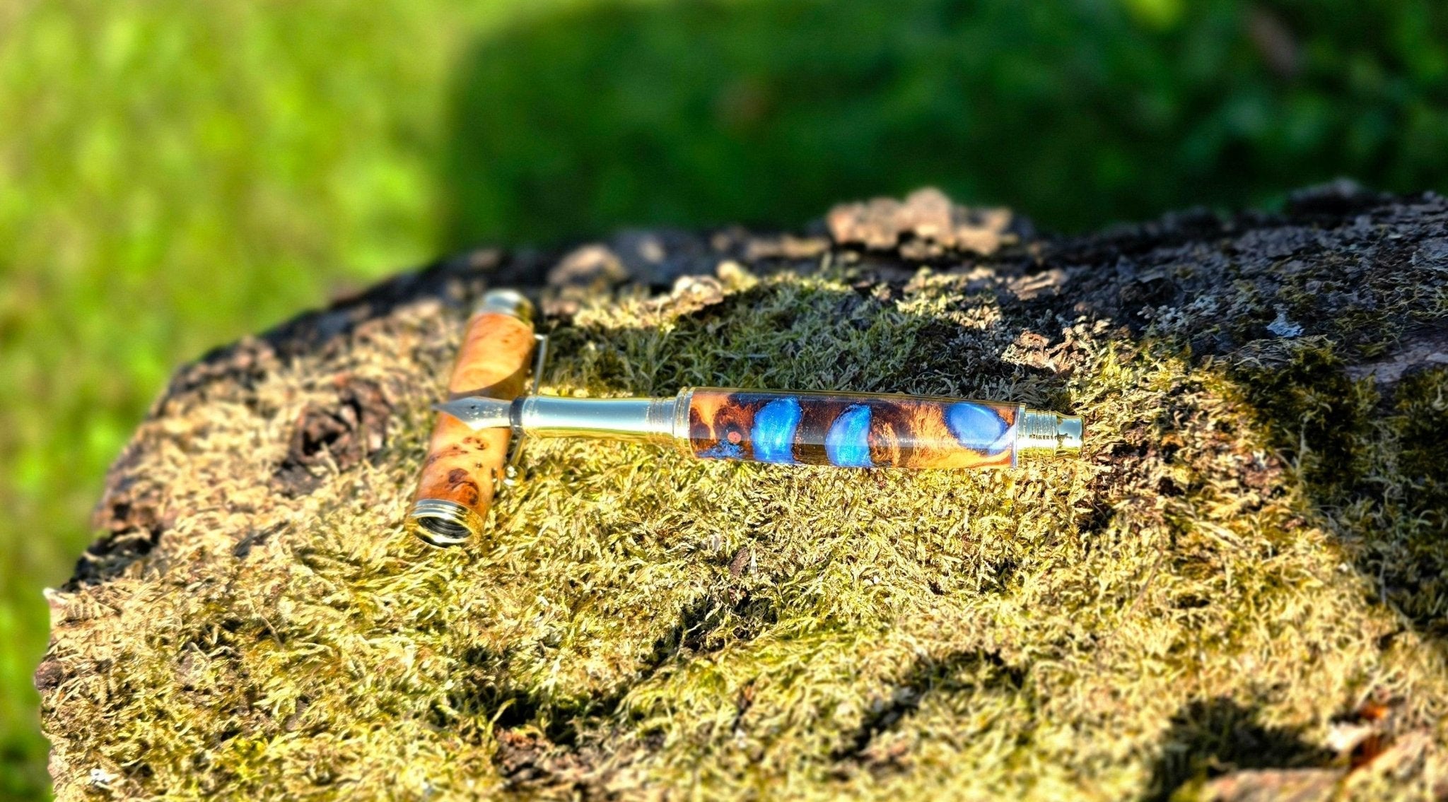 Limited Edition Handmade Fountain Pen – Poplar Burl Wood & Blue Pearl Epoxy Resin - PipejaWood